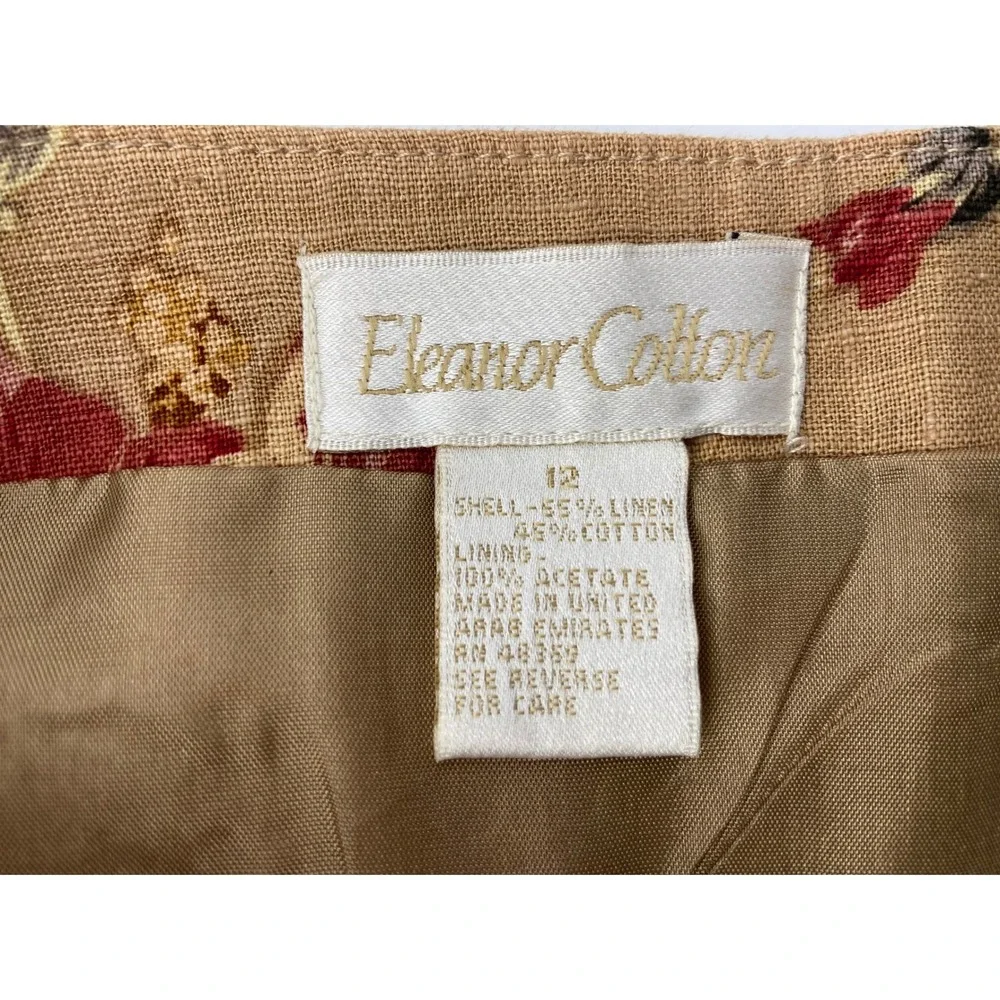Vintage Cottagecore Floral Linen Skirt 12 Tan Country Wrap Midi Preppy Old Money